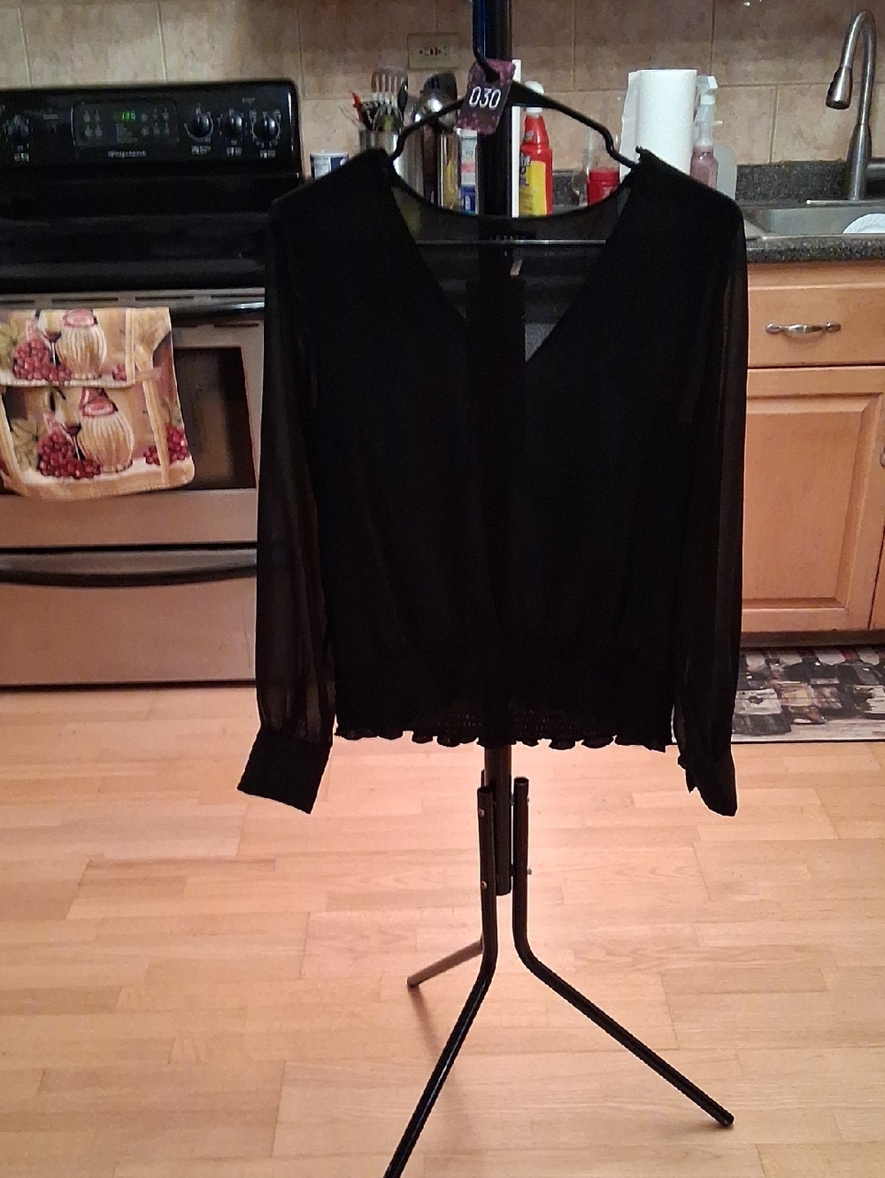 1. State Black Sheer V-Neck Long Sleeve Blouse with Elastic Hem